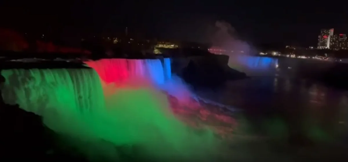 Niagara Falls lit up with colors of Azerbaijani flag