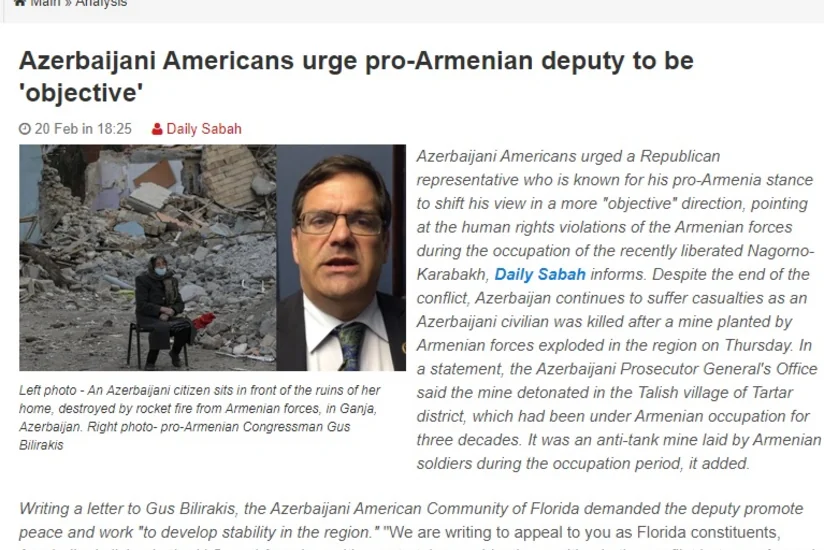 Azərbaycan diasporu ermənipərəst konqresmeni ədalətli mövqe tutmağa çağırıb