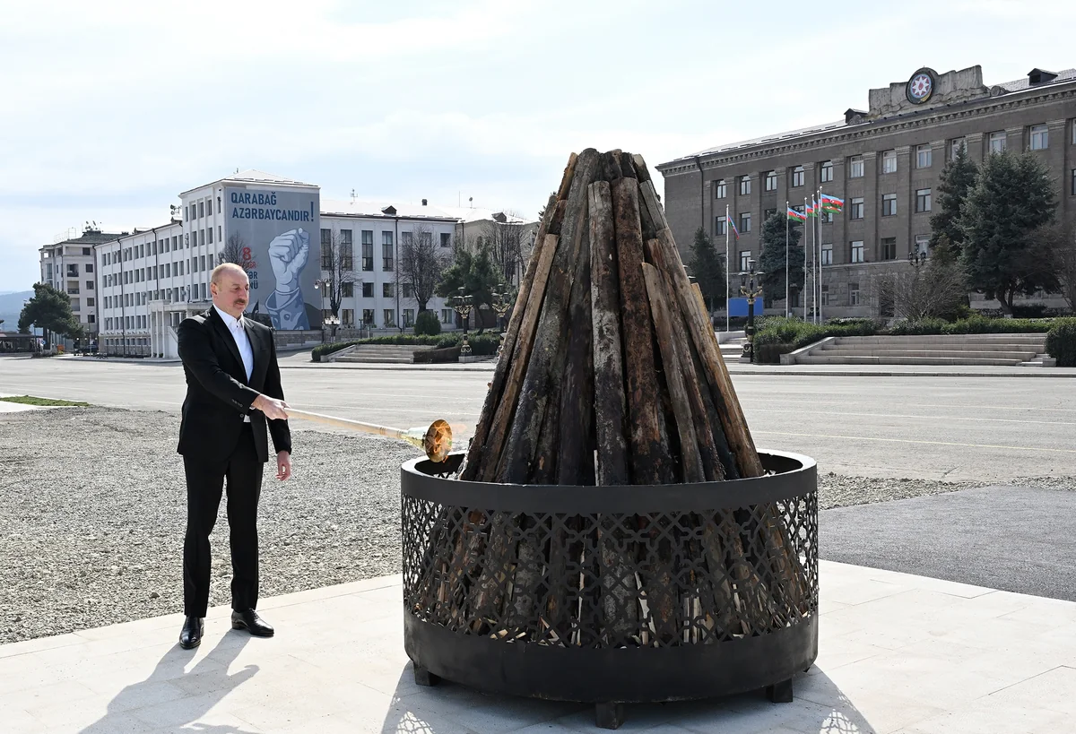 President Ilham Aliyev lights Novruz bonfire in Khankandi