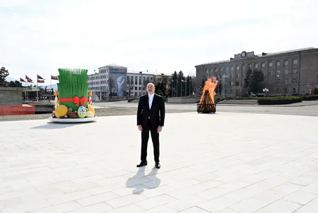 President Ilham Aliyev lights Novruz bonfire in Khankandi