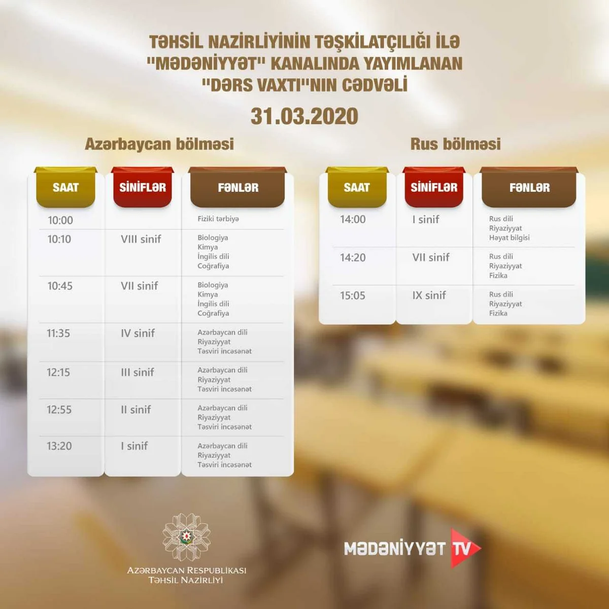 Teledərslərin martın son gününə olan cədvəli açıqlandı