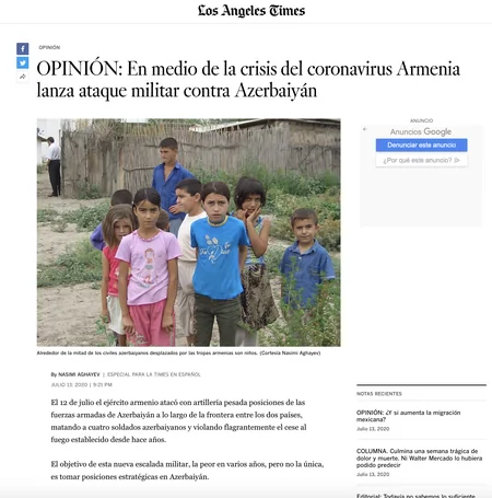 Los Angeles Times publishes Consul General's article on Armenia’s recent aggression