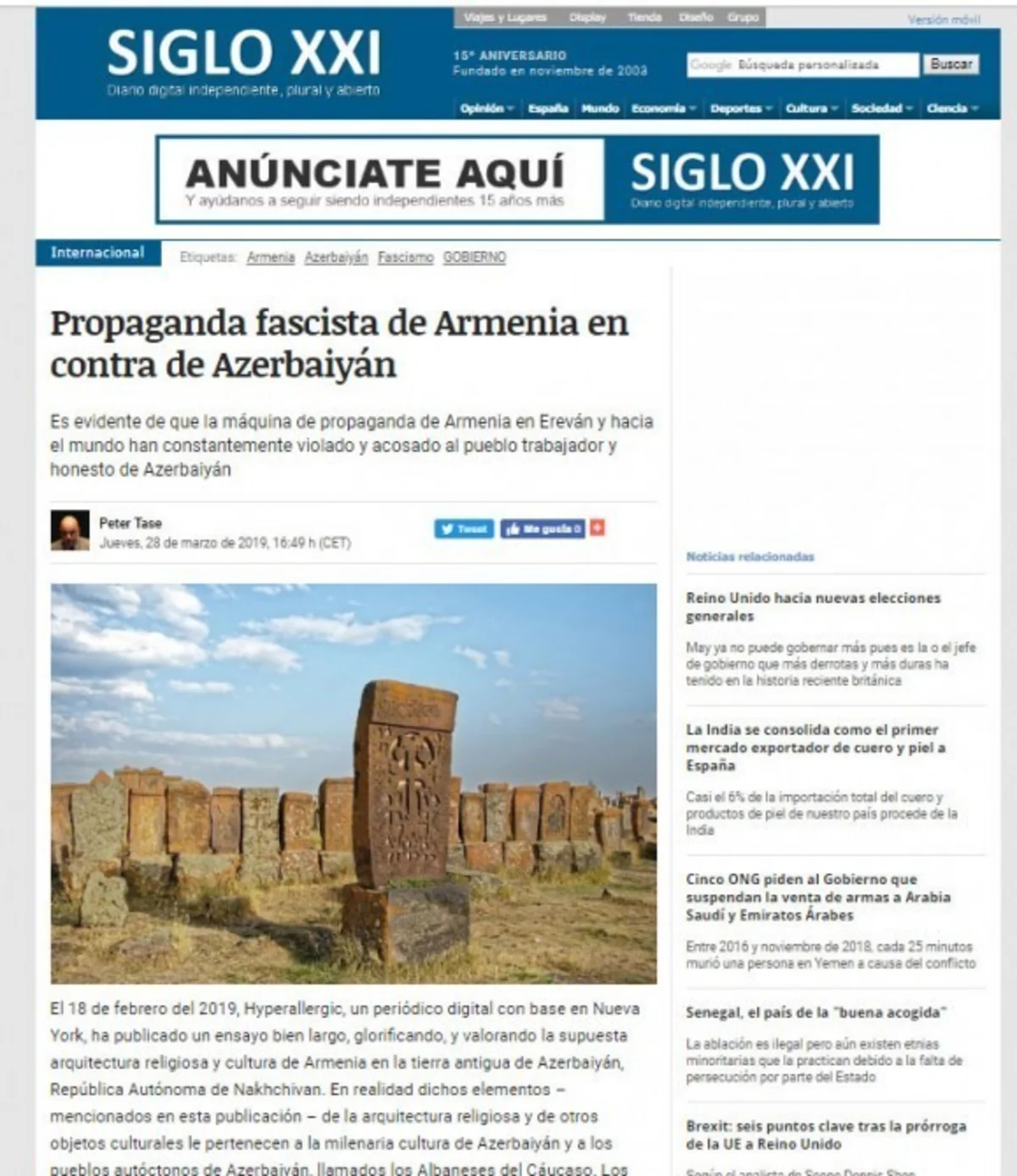 İspaniya portalı Ermənistanın Azərbaycanın tarixi abidələrinə qarşı vandalizmindən yazır