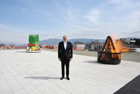 President Ilham Aliyev lights Novruz bonfire in Khankandi