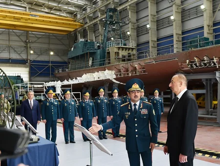 President Ilham Aliyev views newly built Tufan type border guard ship