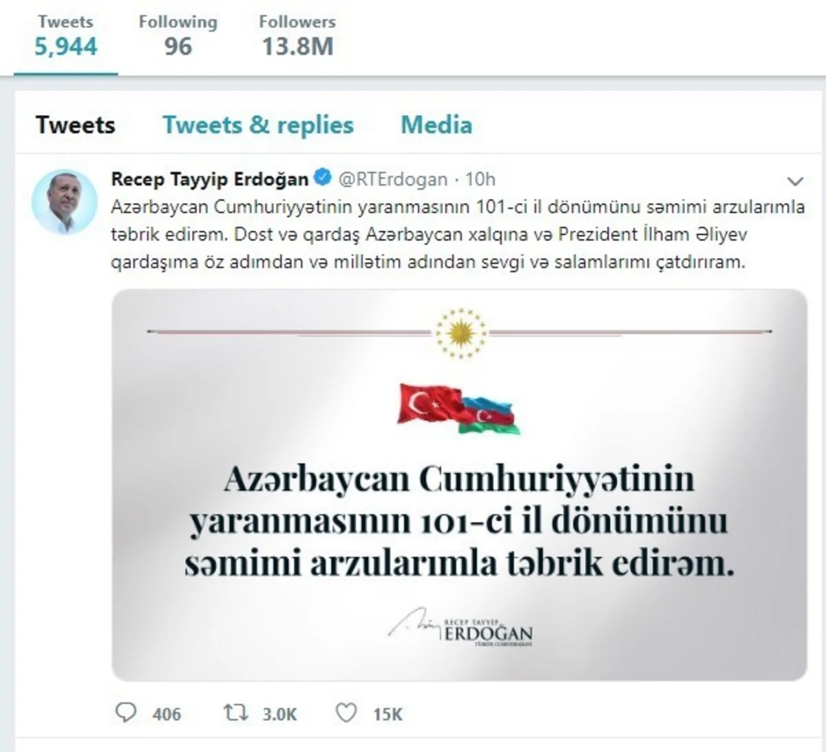 Erdogan sends congratulations on anniversary of Azerbaijan Democratic Republic on Twitter