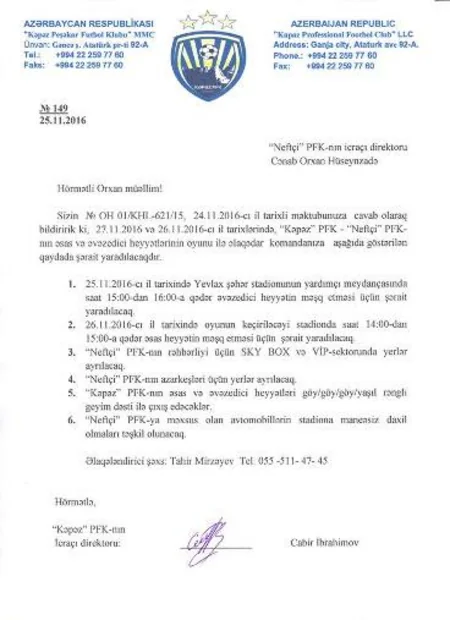 'Neftchi’ issues statement on incident in match against 'Kapaz’
