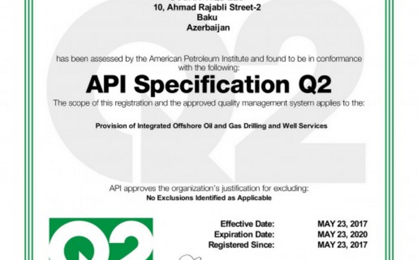 SOCAR-AQŞ Amerika Neft İnstitutunun “API Spec Q2” sertifikatına layiq görülüb