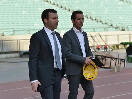 UEFA representatives view grass cover at Baku Olympic Stadium