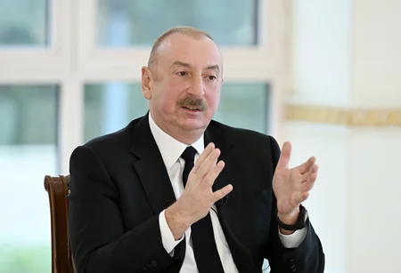 President of Azerbaijan Ilham Aliyev interviewed by local TV channels