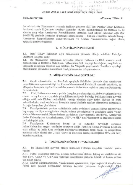 İnter klubu Rauf Əliyevin müqaviləsi ilə bağlı yaranmış mübahisəli vəziyyətə aydınlıq gətirib