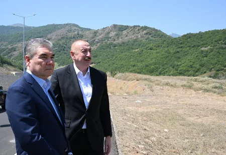 President Ilham Aliyev and Gurbanguly Berdimuhamedov pose for photo against backdrop of Dashalty village in Shusha district