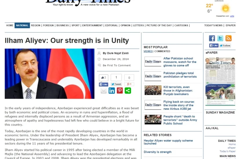 “Daily Times” qəzetində “İlham Əliyev: Bizim gücümüz birliyimizdədir” adlı məqaləsi dərc olunub