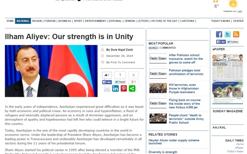 Daily Times posts article entitled Ilham Aliyev: Our strenght is in Unity