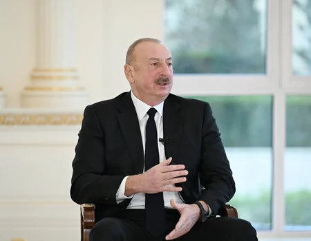 President of Azerbaijan Ilham Aliyev interviewed by local TV channels