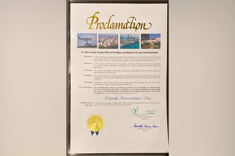 В американском округе Майами-Дейд 26 февраля объявлен Днем памяти Ходжалы