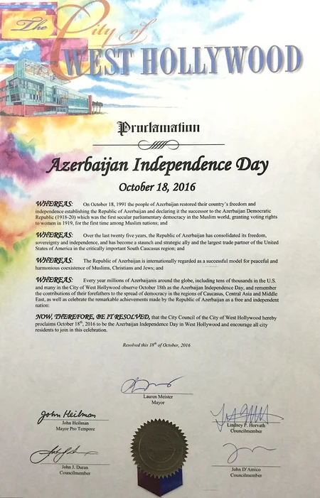 West Hollywood proclaims October 18 as Azerbaijan Independence Day’