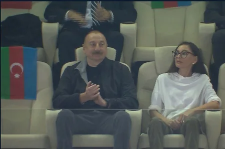 President Ilham Aliyev and First Lady Mehriban Aliyeva watch Qarabag vs Galatasaray charity match