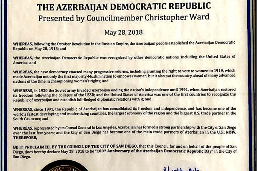 San Diego proclaims May 28 as “100th Anniversary of the Azerbaijan Democratic Republic Day”