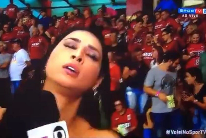 Two-time Brazil Olympic volleyball champion Jaqueline Carvalho fainted during an on-court interview while attending a match