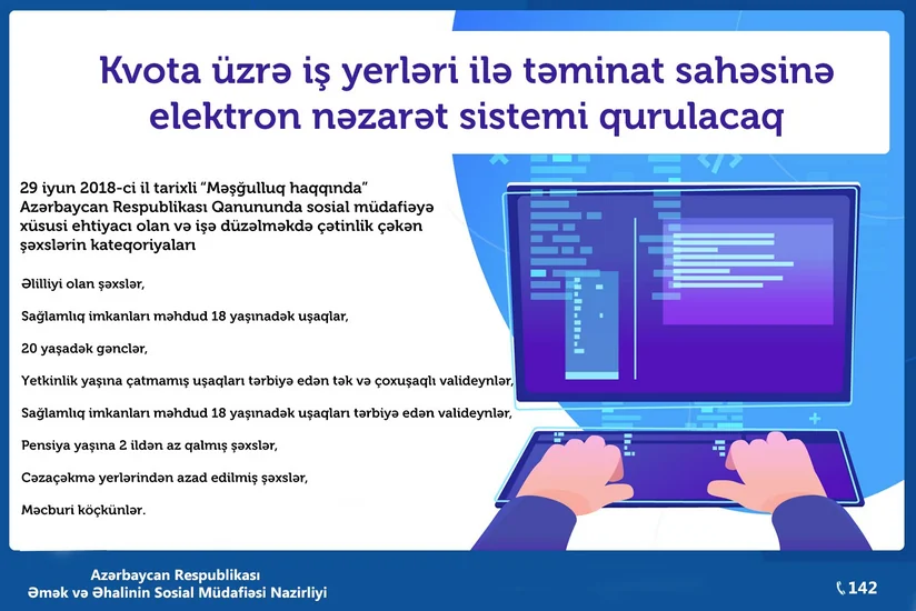 Nazirlik: Kvota üzrə iş yerləri ilə təminat sahəsinə elektron nəzarət sistemi qurulacaq