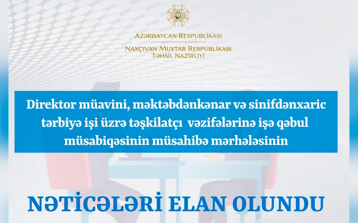 Naxçıvanda təhsil müəssisələrində vakant olan təşkilatçı vəzifələr üzrə müsabiqənin nəticələri açıqlanıb