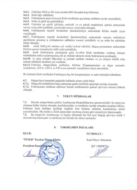 İnter klubu Rauf Əliyevin müqaviləsi ilə bağlı yaranmış mübahisəli vəziyyətə aydınlıq gətirib