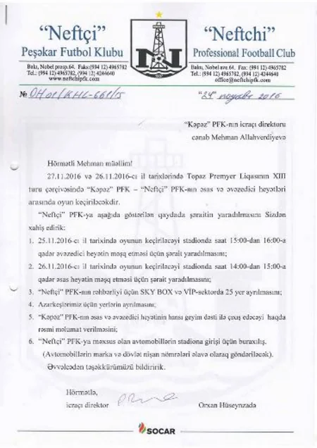 'Neftchi’ issues statement on incident in match against 'Kapaz’