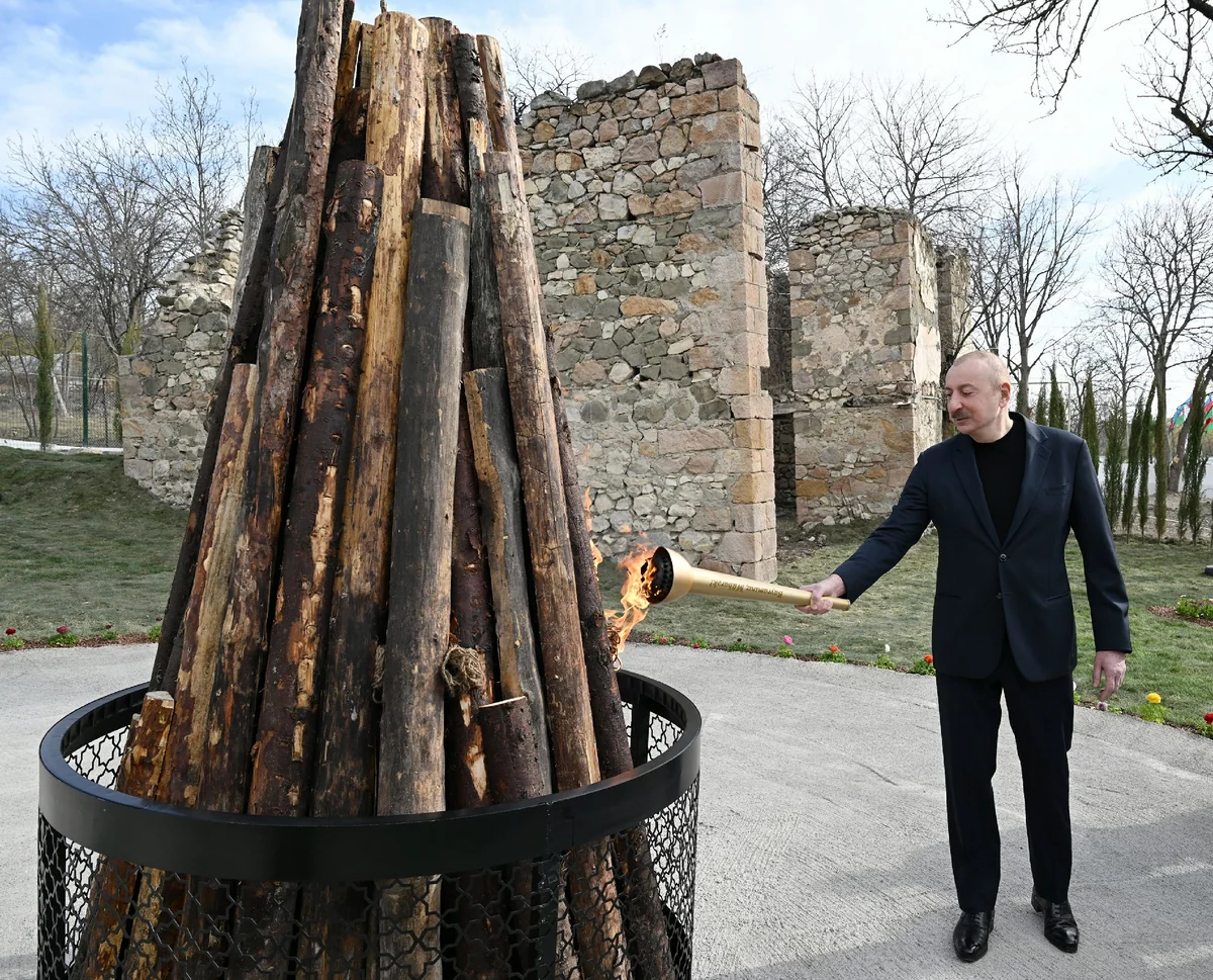President Ilham Aliyev and First Lady Mehriban Aliyeva lit Novruz bonfire together with residents of Hasanriz village in Aghdara