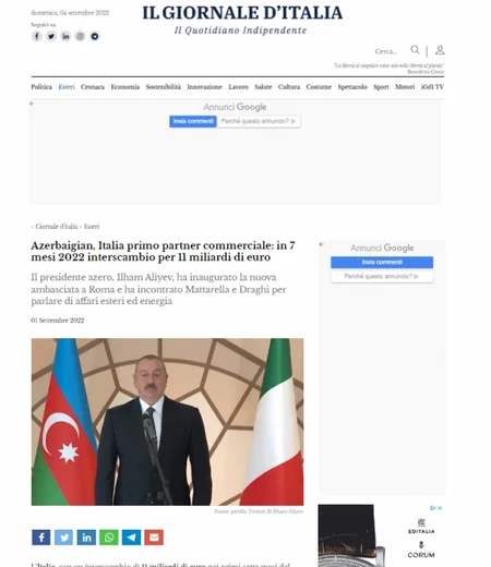 İlham Əliyevin İtaliyaya səfəri bu ölkənin mətbuatının diqqət mərkəzində olub