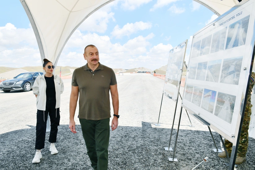 Ilham Aliyev and Mehriban Aliyeva view construction of Horadiz-Jabrayil-Zangilan-Aghbend highway 