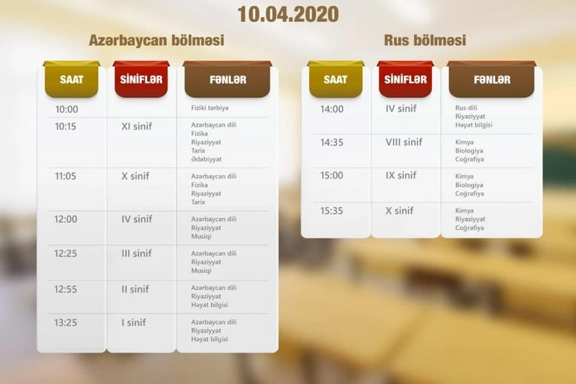 Dərs vaxtının sabaha olan cədvəli