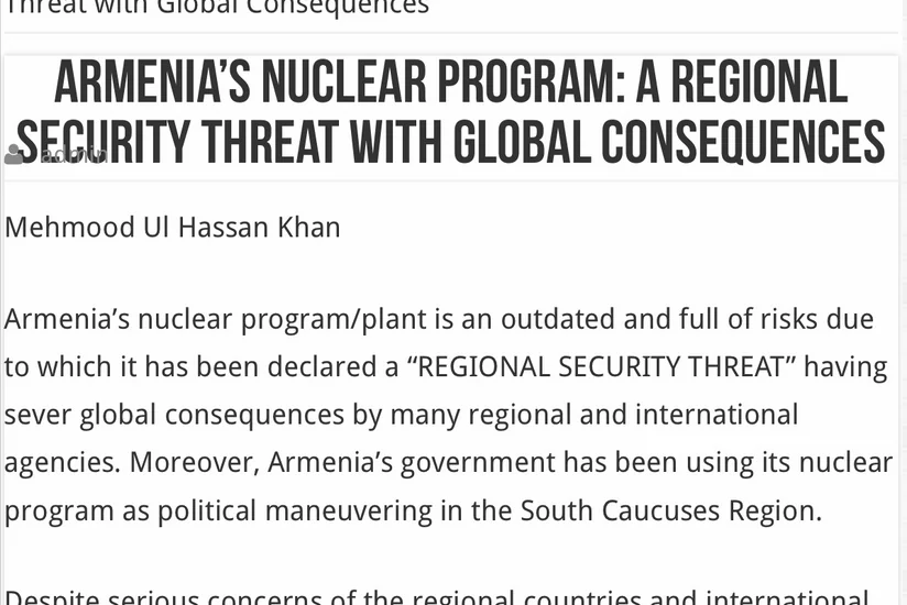 Pakistan mətbuatında Metsamor AES-in təhlükəsi ilə bağlı məqalə dərc olunub