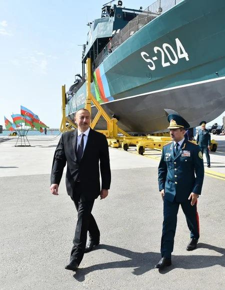 President Ilham Aliyev views newly built Tufan type border guard ship