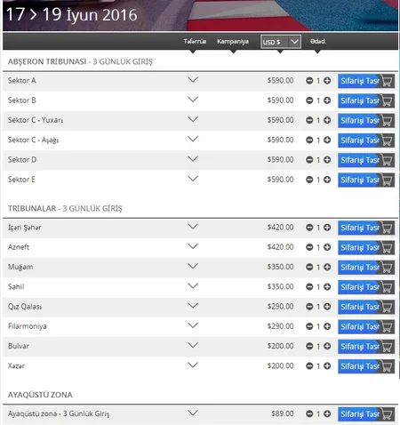 ​Bakıda keçiriləcək Formula 1 üzrə Avropa Qran Prisinə biletlərin qiymətləri bahalaşıb