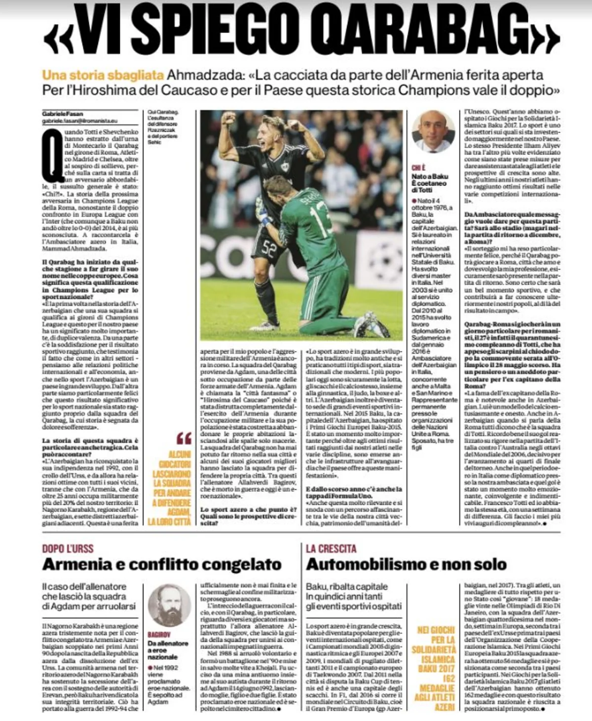 “Roma” klubunun qəzetində “Müharibə içində futbol  Bu da Qarabağ” sərlövhəli yazı dərc olunub