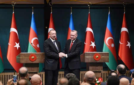 Azerbaijani and Turkish presidents making joint statements to press