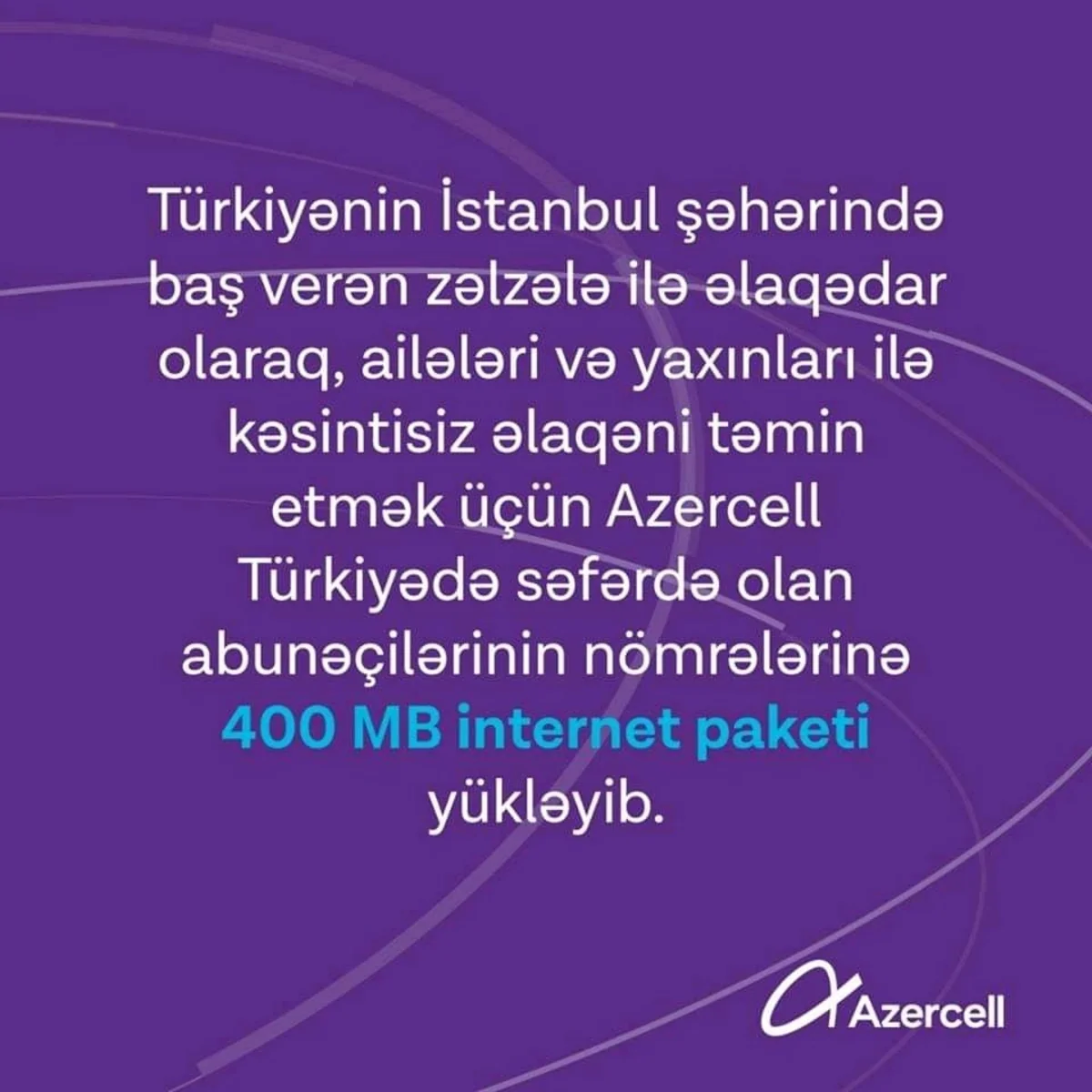 Azercell Telecom MMC Türkiyədəki abunəçilərinin nömrələrinə internet paketi yükləyib
