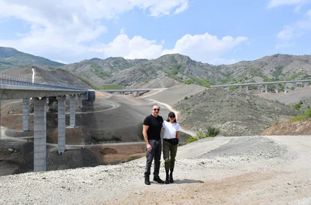 Azerbaijan's President, First Lady view progress of work at 66th-81st kilometer section of Ahmadbayli-Fuzuli-Shusha highway