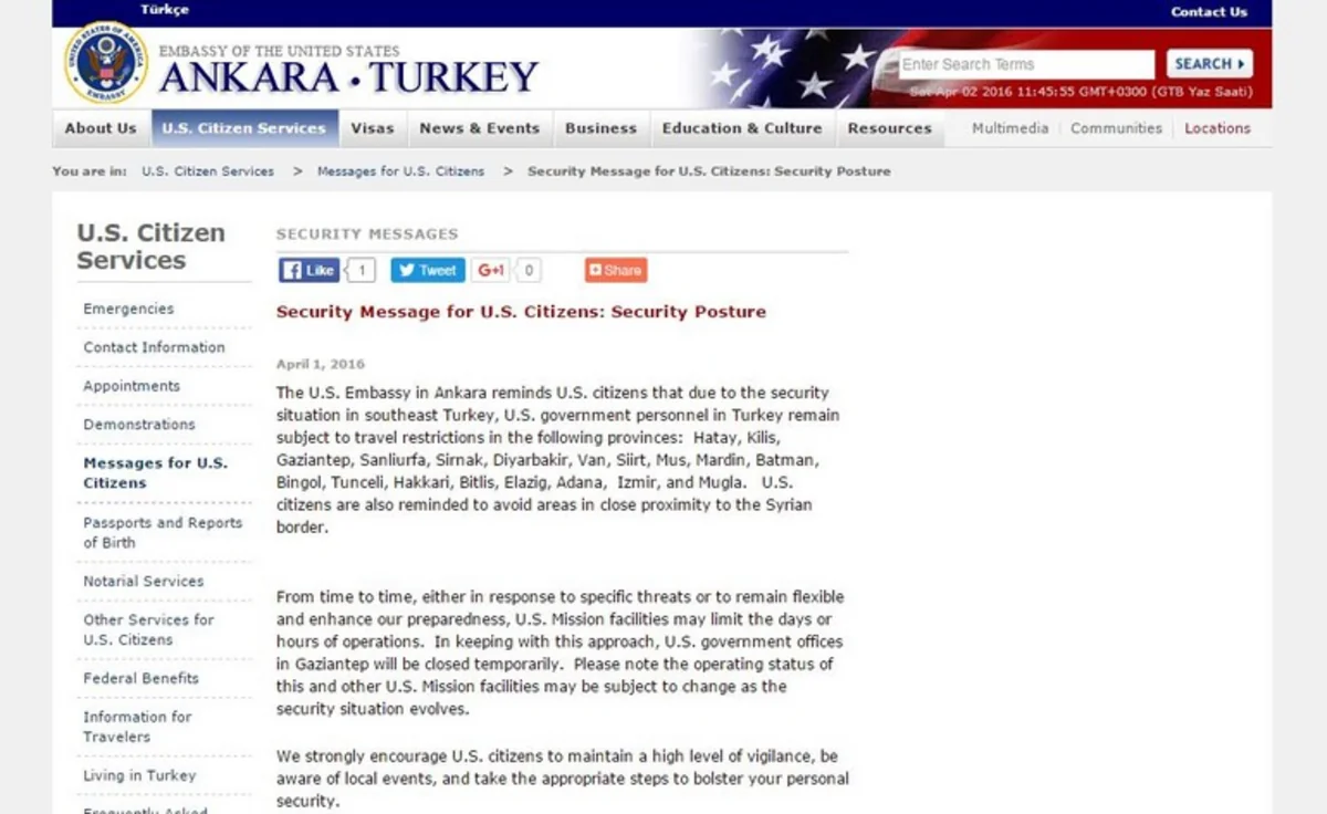 ​ABŞ səfirliyi vətəndaşlarını Türkiyənin 19 bölgəsinə getməməyə çağırıb