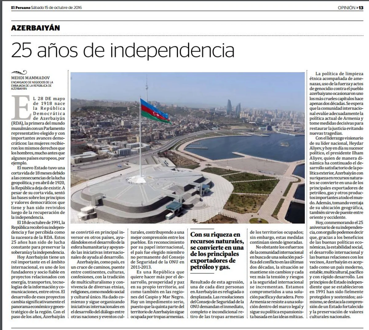 Peru mətbuatında Azərbaycanın müstəqilliyinin 25 illiyinə həsr edilən “Müstəqillikdə 25 il” adlı məqalə dərc edilib