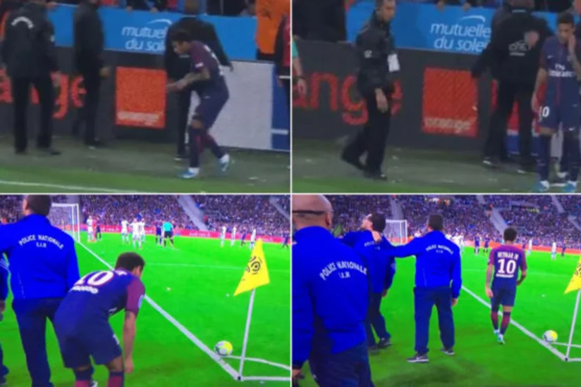 Neymar oyun zamanı fanatların ona kənar əşya atmalarını yumorla qarşılayıb