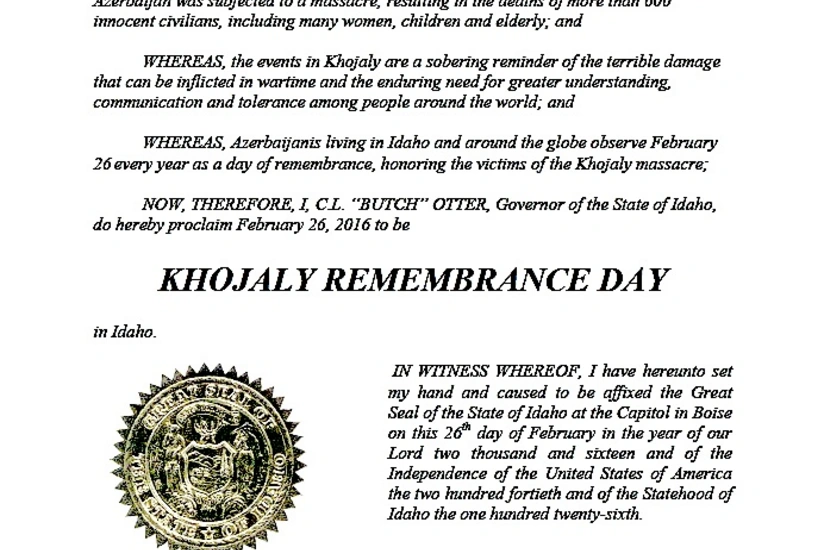 U.S. State of Idaho proclaims  ‘Khojaly Remembrance Day’