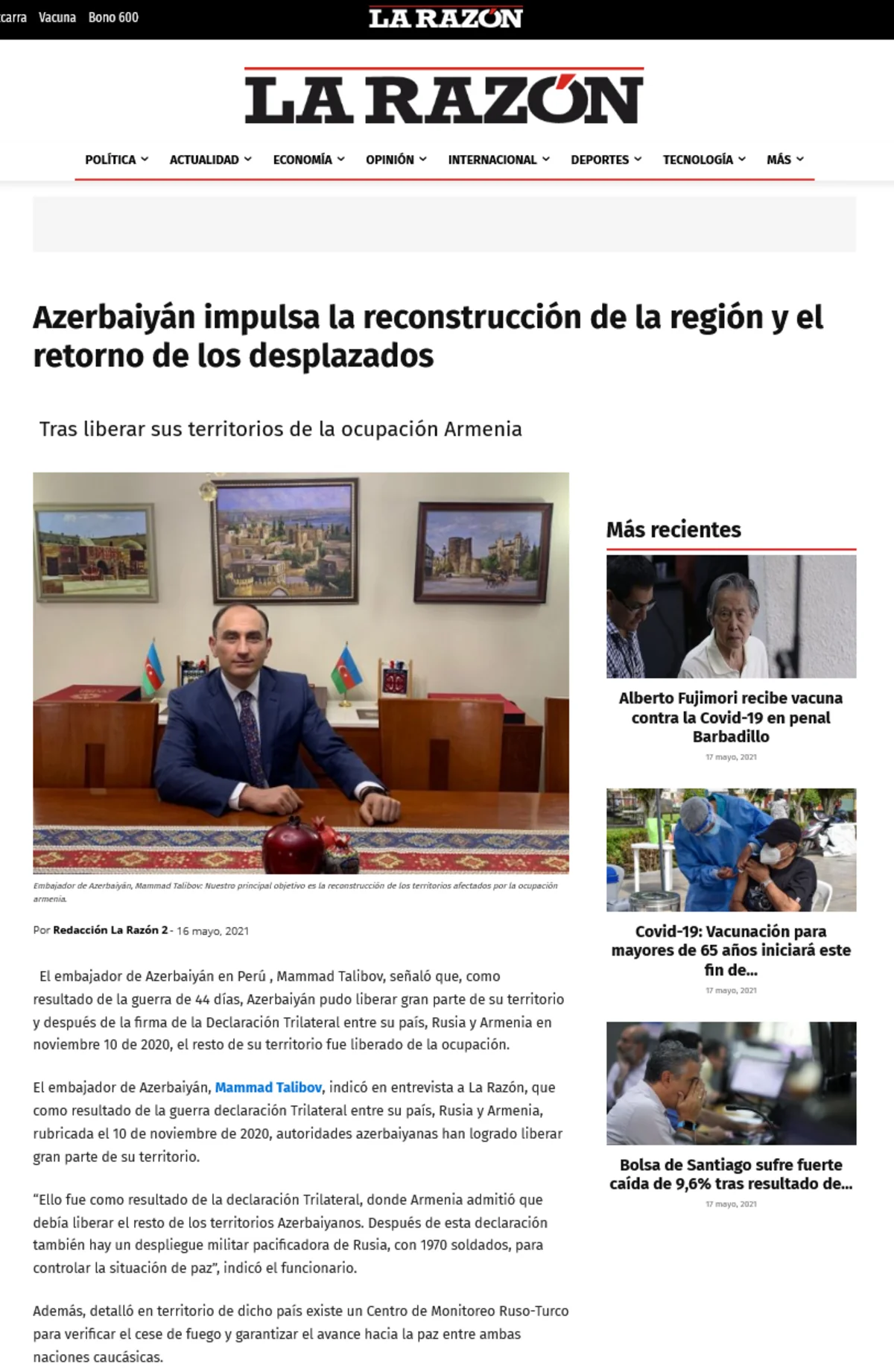 Peruvian media: Azerbaijan steps up efforts to return refugees