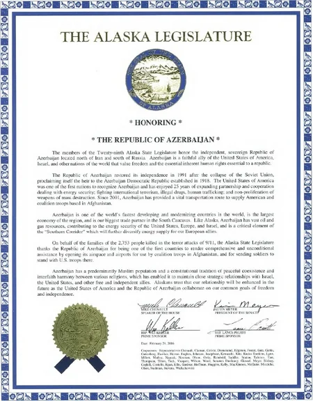 U.S. State of Alaska adopts proclamation on Azerbaijan