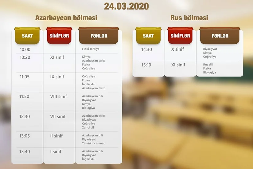 Teledərslərin martın 24-nə olan cədvəli açıqlandı - QRAFİK