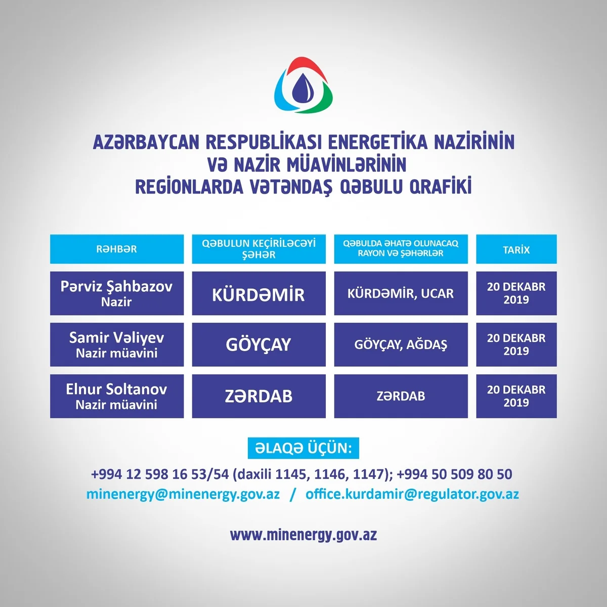 Energetika naziri və nazir müavinləri üç rayonda vətəndaşları qəbul edəcəklər