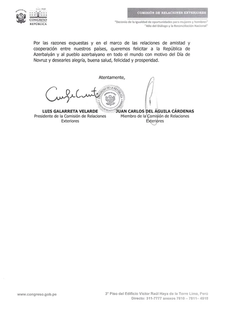 Peru Konqresi Azərbaycan xalqını Novruz bayramı münasibətilə təbrik edib