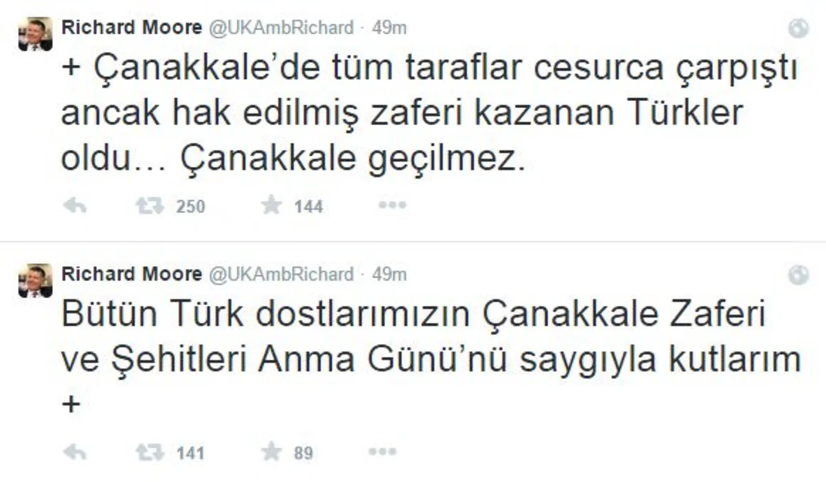 ​Britaniya səfiri Çanaqqala zəfəri münasibətilə türkləri təbrik edib