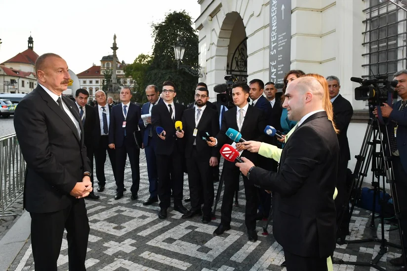 President Ilham Aliyev interviewed by Azerbaijani TV channels in Prague